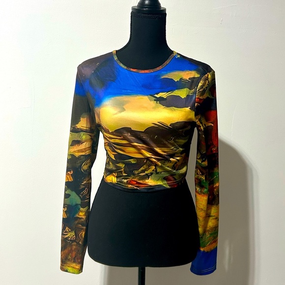 #042♦️SHEIN Blue and Yellow Graphic Fitted Crop-Top Sz 6/M US ♦️ - Picture 1 of 10
